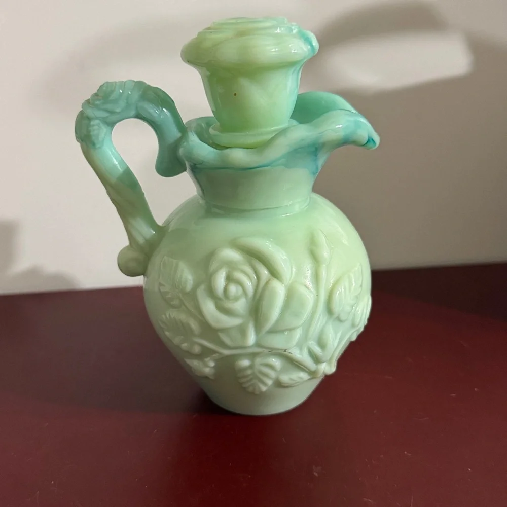 Vintage Avon Green Glass Vase with Floral Design